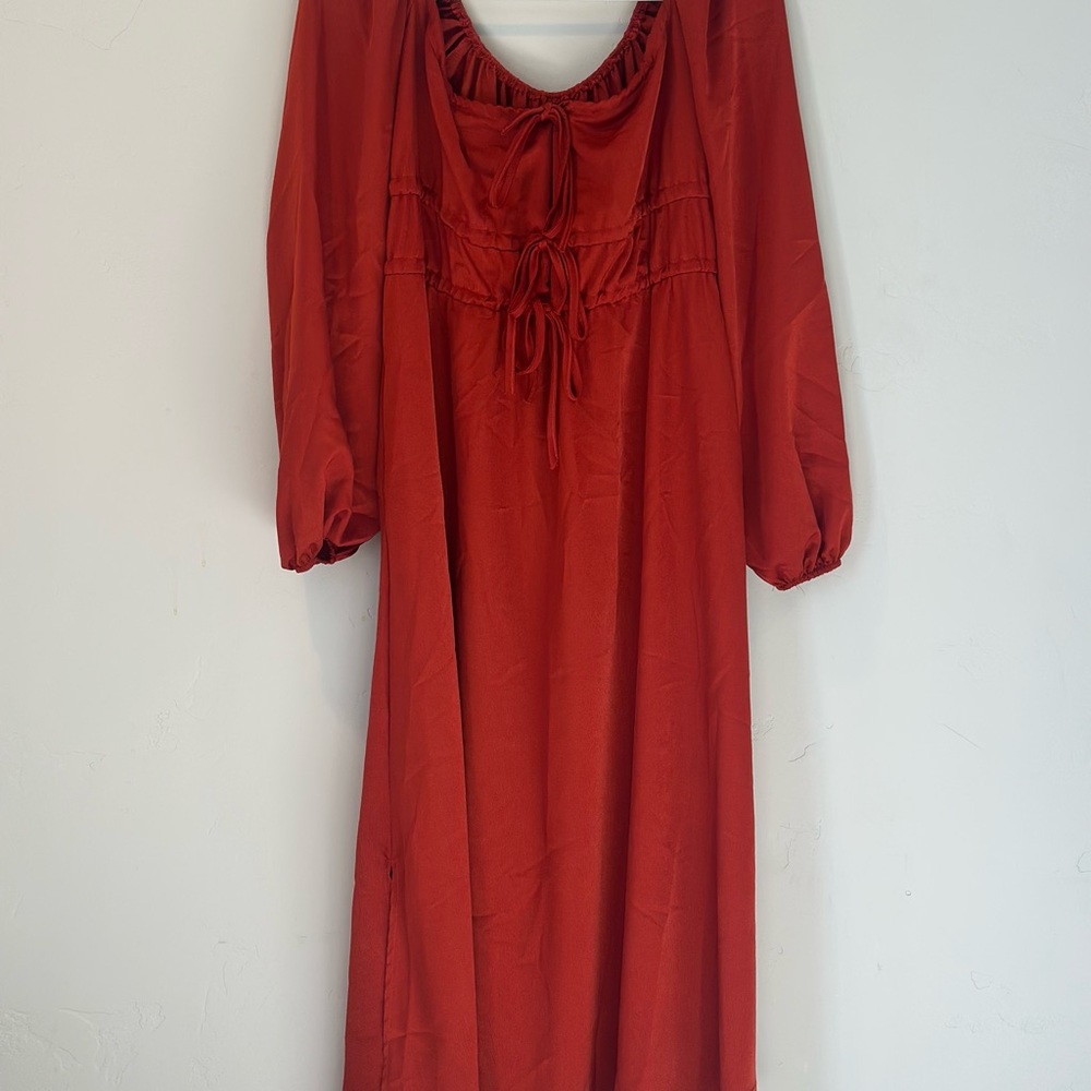 Red Ruched Flowing Gown with Bishop Sleeves